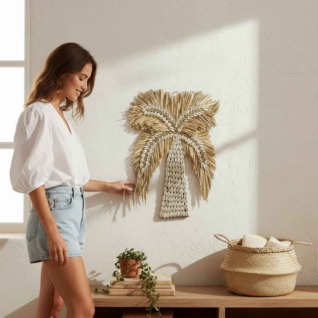 Wanddecoratie Palmboom Rotan & Schelp 30 cm