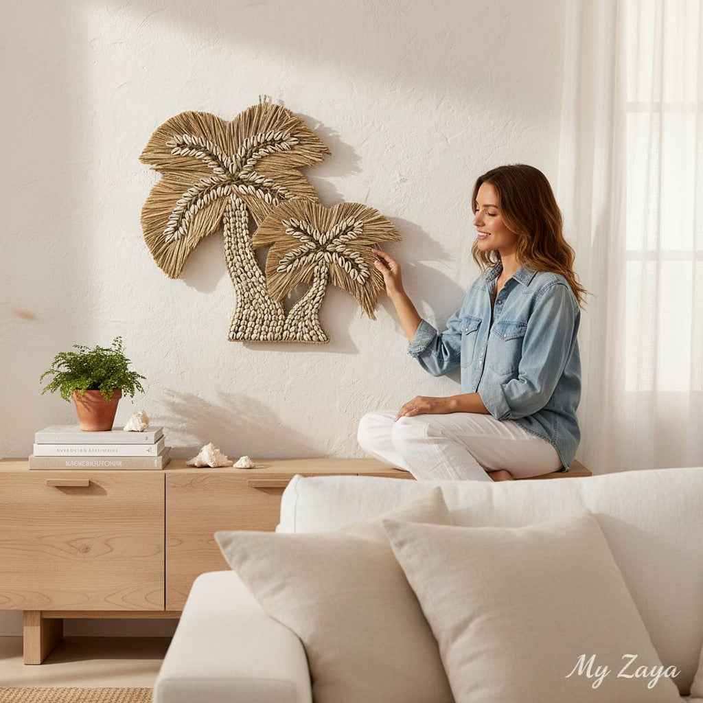 Wanddecoratie Palmboom Rotan & Schelp 40 cm