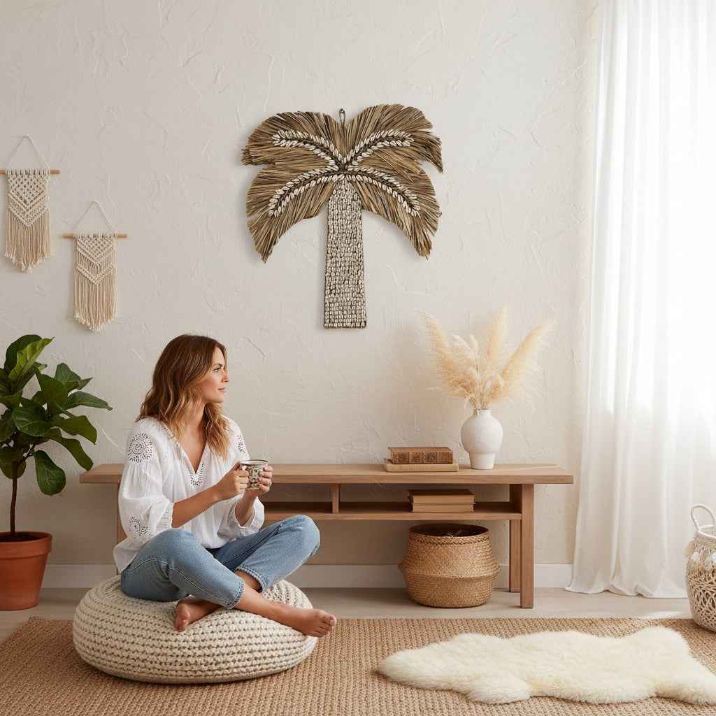 Wanddecoratie Palmboom Rotan & Schelp 50 cm