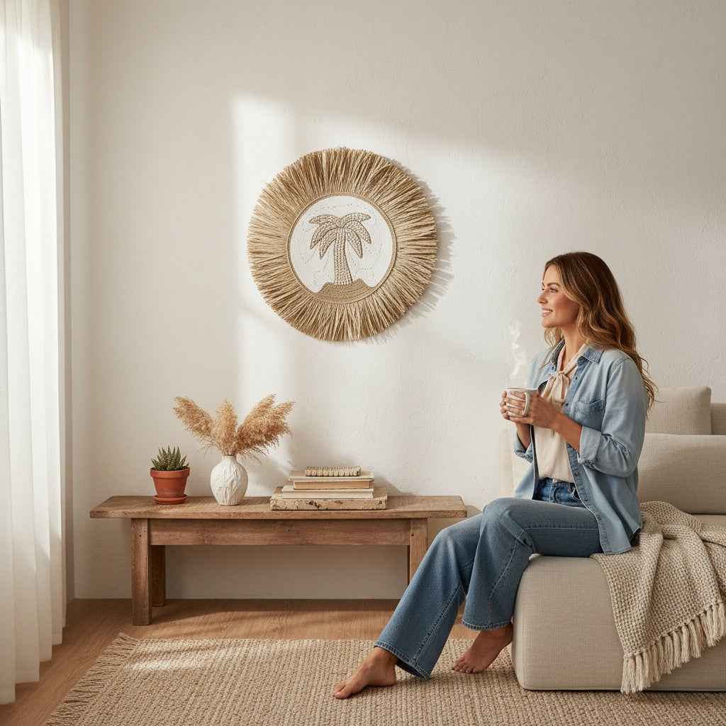 Ronde Palm Wanddecoratie Rotan & Schelpen 60 cm