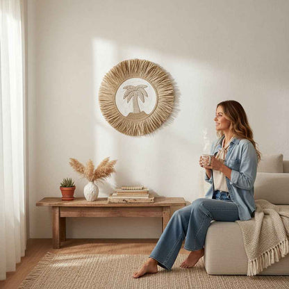 Ronde Palm Wanddecoratie Rotan & Schelpen 60 cm