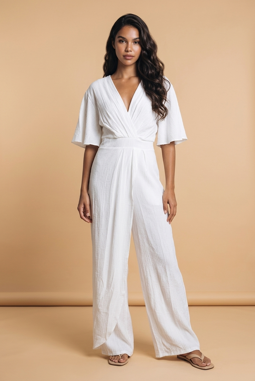 Witte Jumpsuit met Overslag en Ruffle Mouw