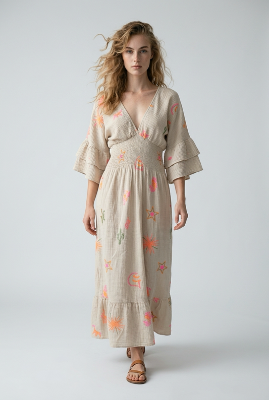 Zomerse katoenen jurk voor dames in beige