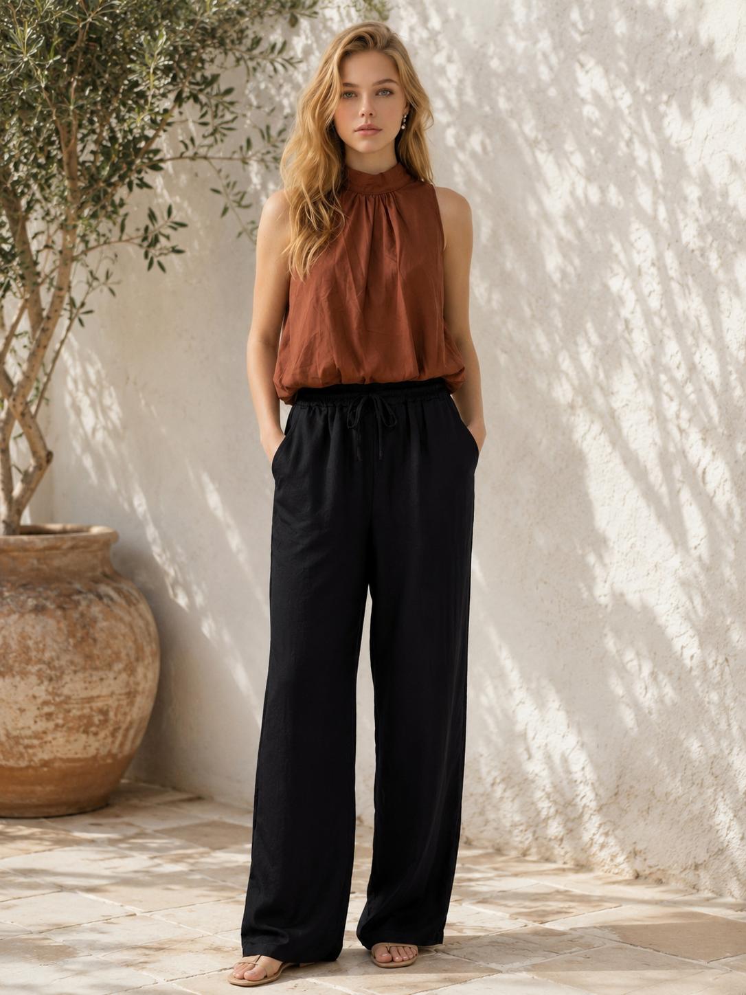 Zwarte Broek Jade met linnen look en rechte wijde pijpen

