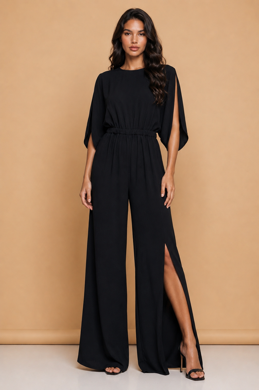 Zwarte jumpsuit met open rug en splitdetail