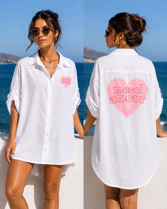 Amor Blouse Wit voorkant en achterkant met roze Merci Amour hartprint