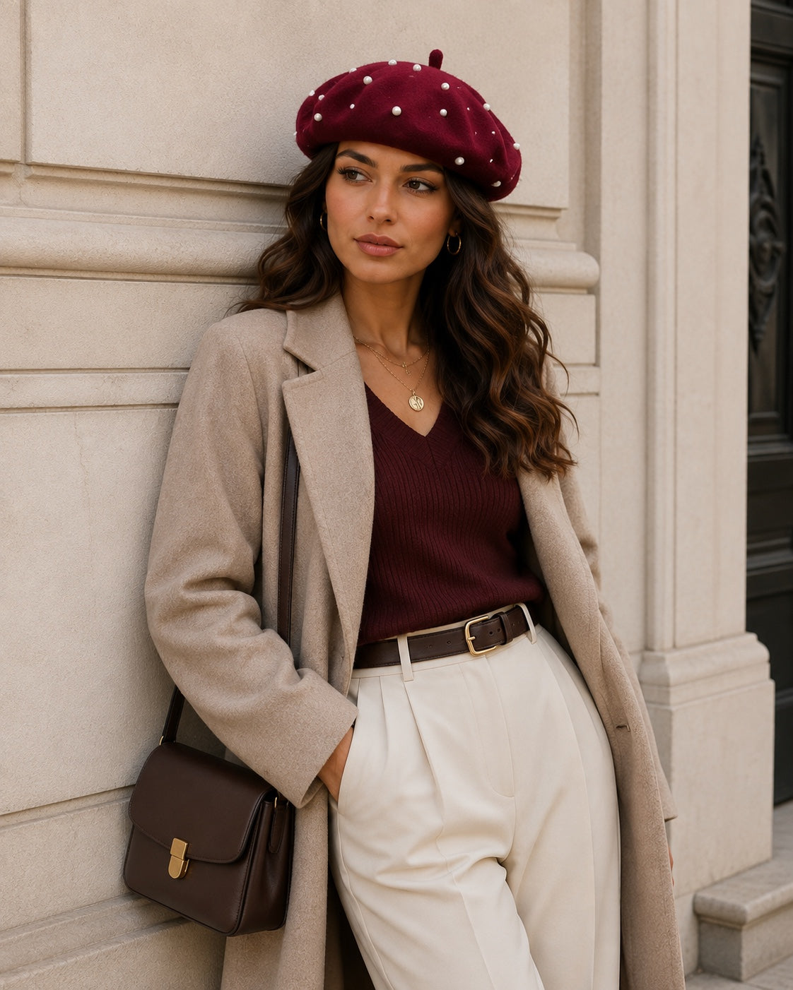 Bordeauxrode dames baret met pareldetails gestyled met beige jas