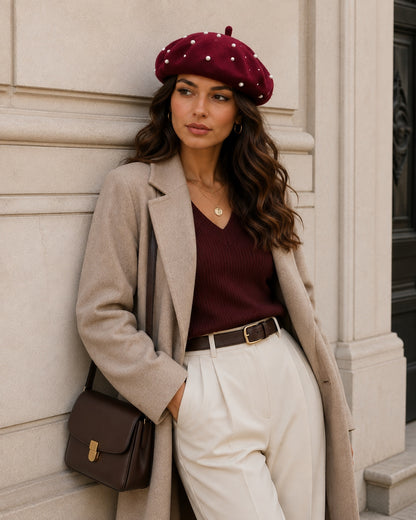 Bordeauxrode dames baret met pareldetails gestyled met beige jas