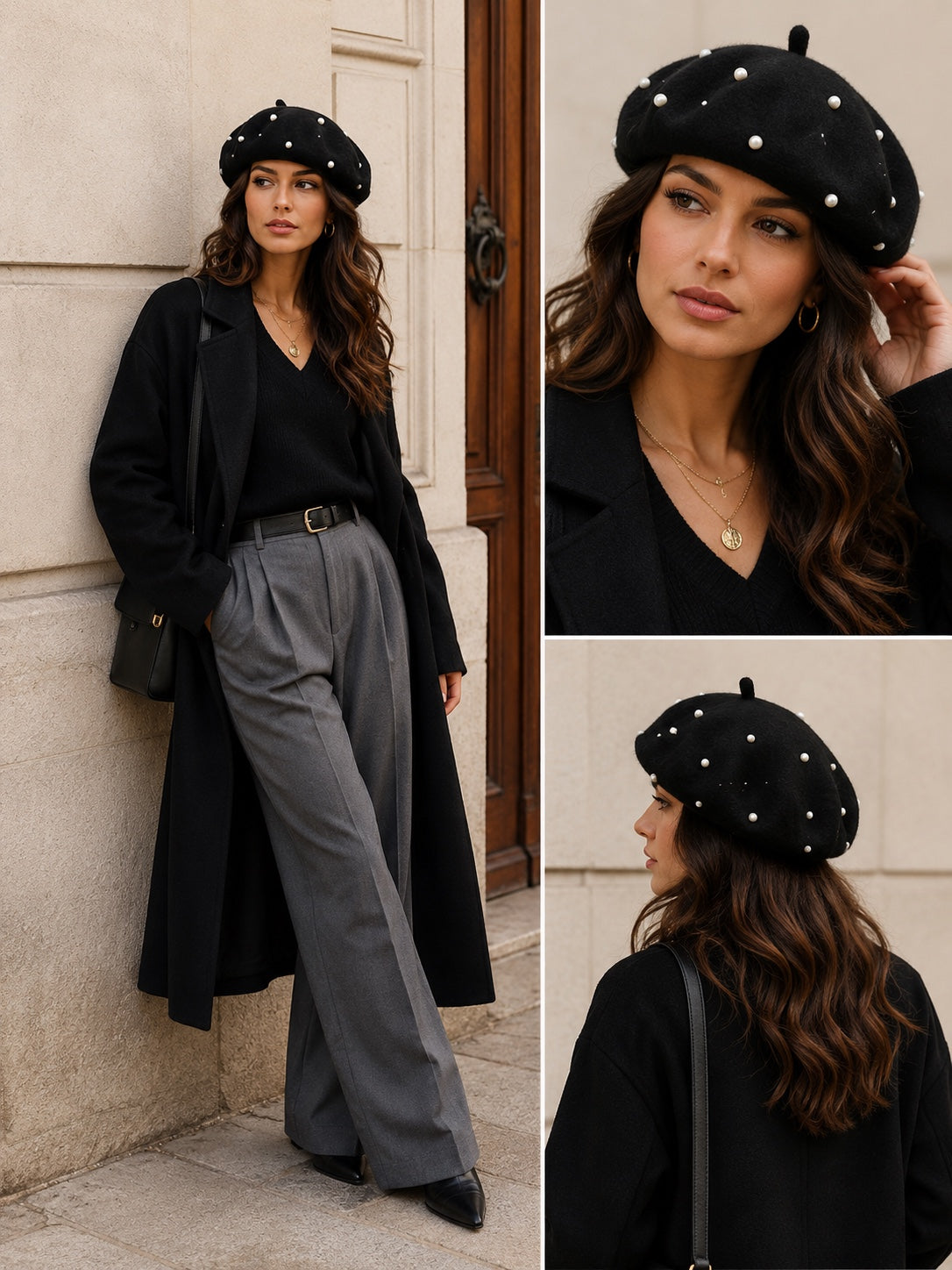Zwarte dames baret met pareldetails gestyled met zwarte jas