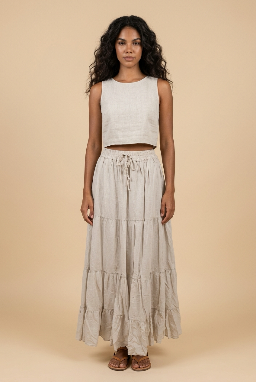 Beige Maxi Rok met Volants