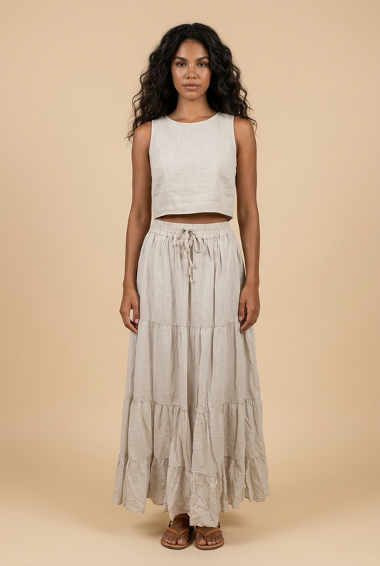 Beige Maxi Rok met Volants