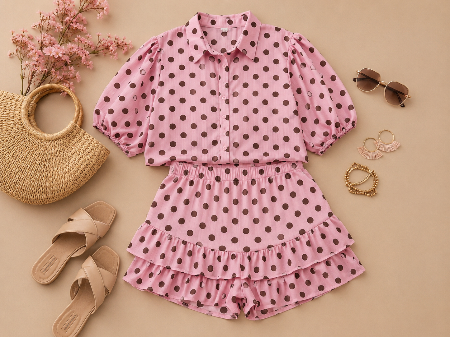 Dames set met bruine stippen
Trendy polkadot set voor dames