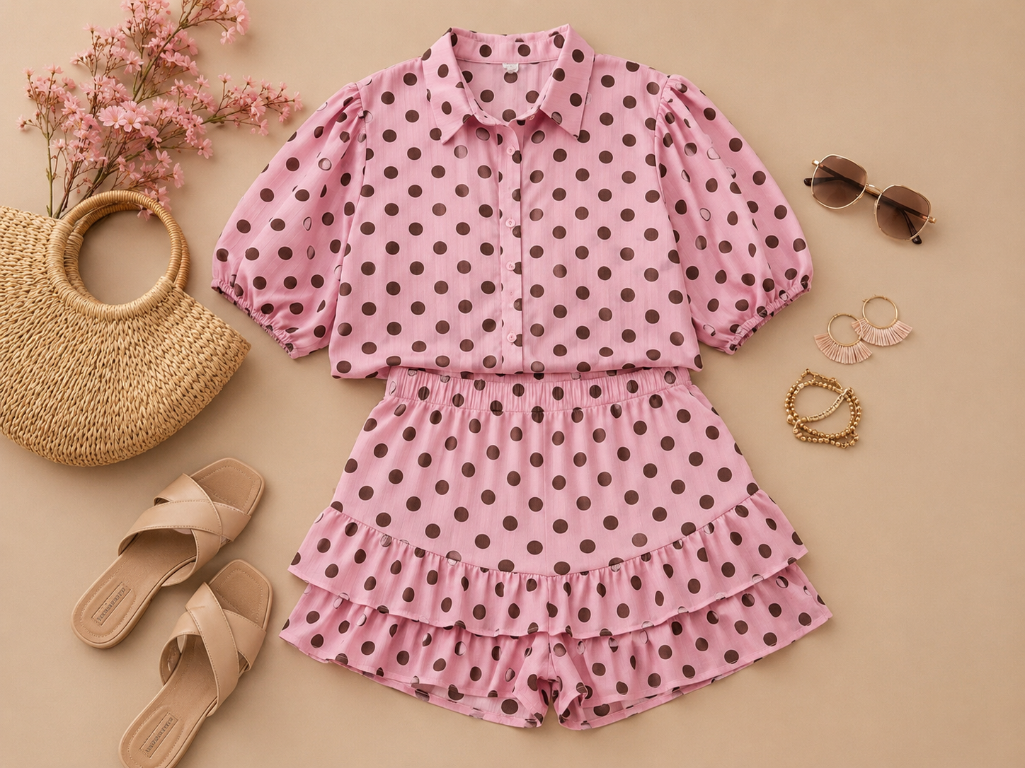 Dames set met bruine stippen
Trendy polkadot set voor dames