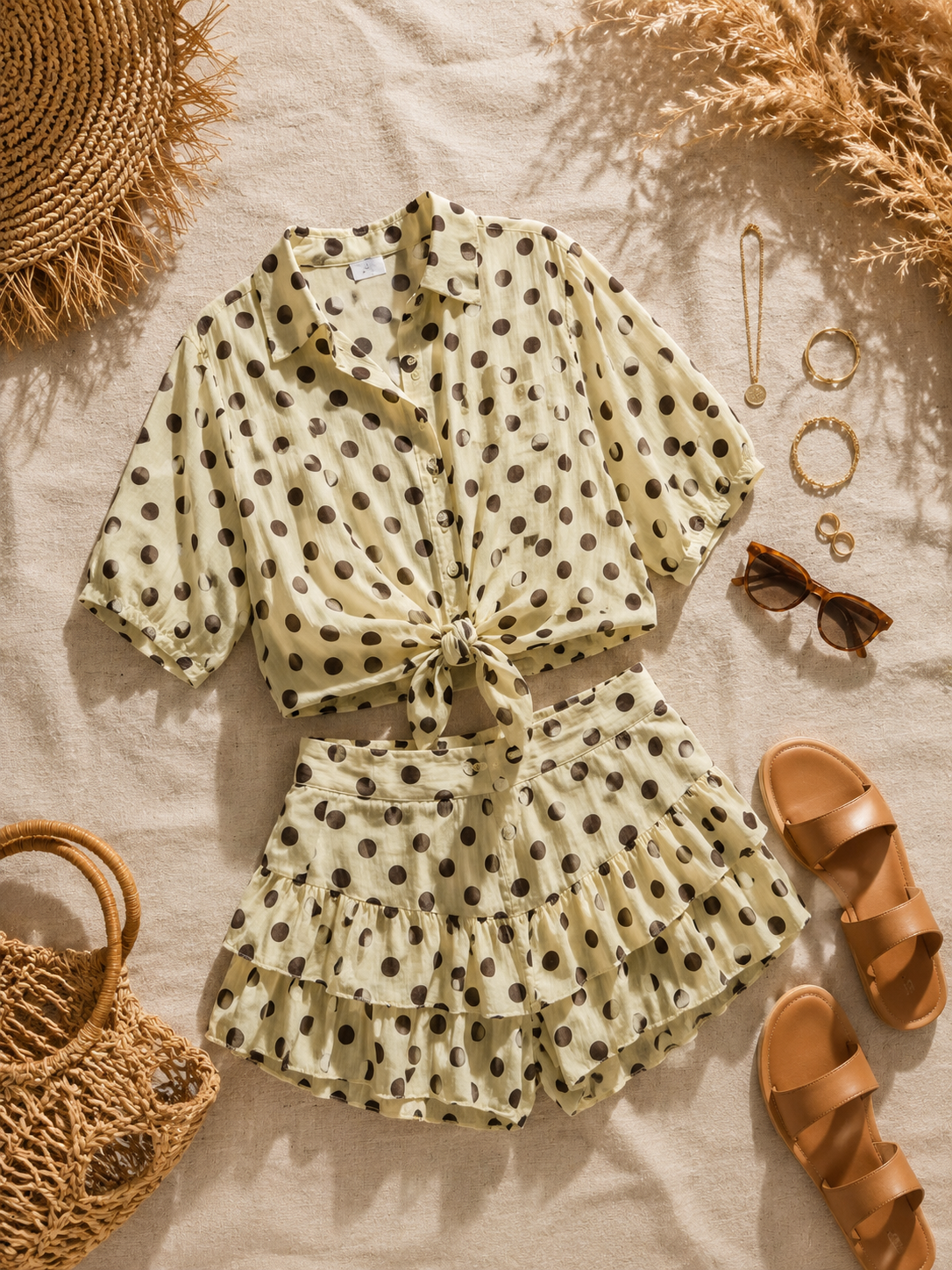 Blouse en broekrokje in zachtgeel
Dames set met bruine stippen
Trendy polkadot set voor dames