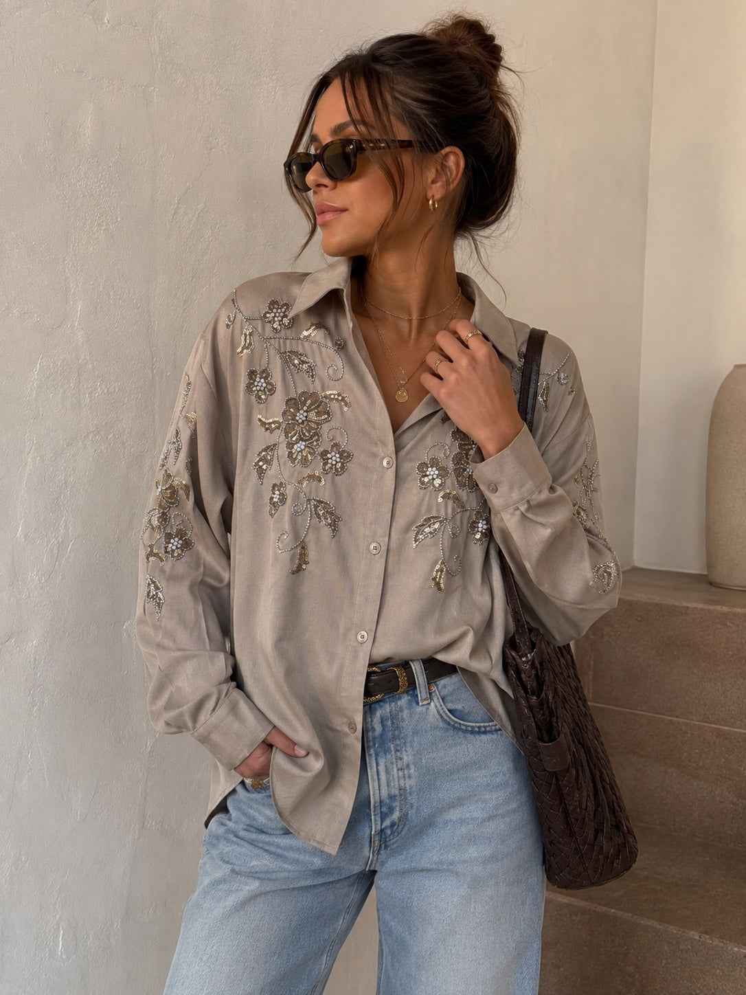 Blouse Aveline – Khaki Embellished