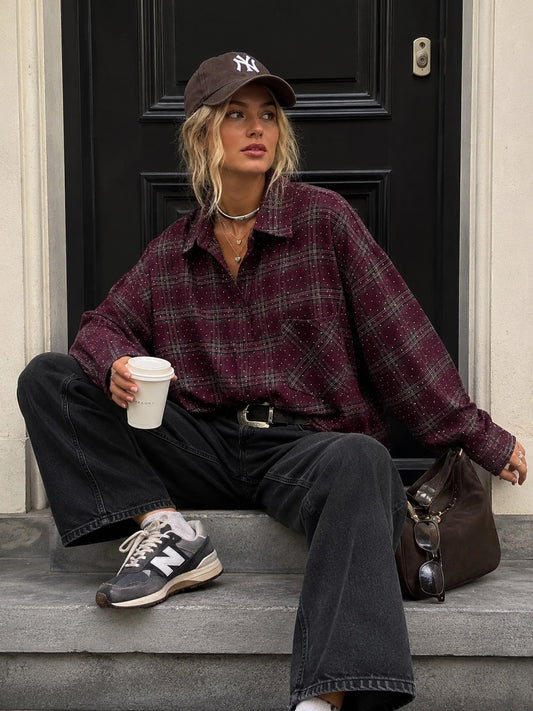 Blouse Romée bordeaux met ruitpatroon en steentjes