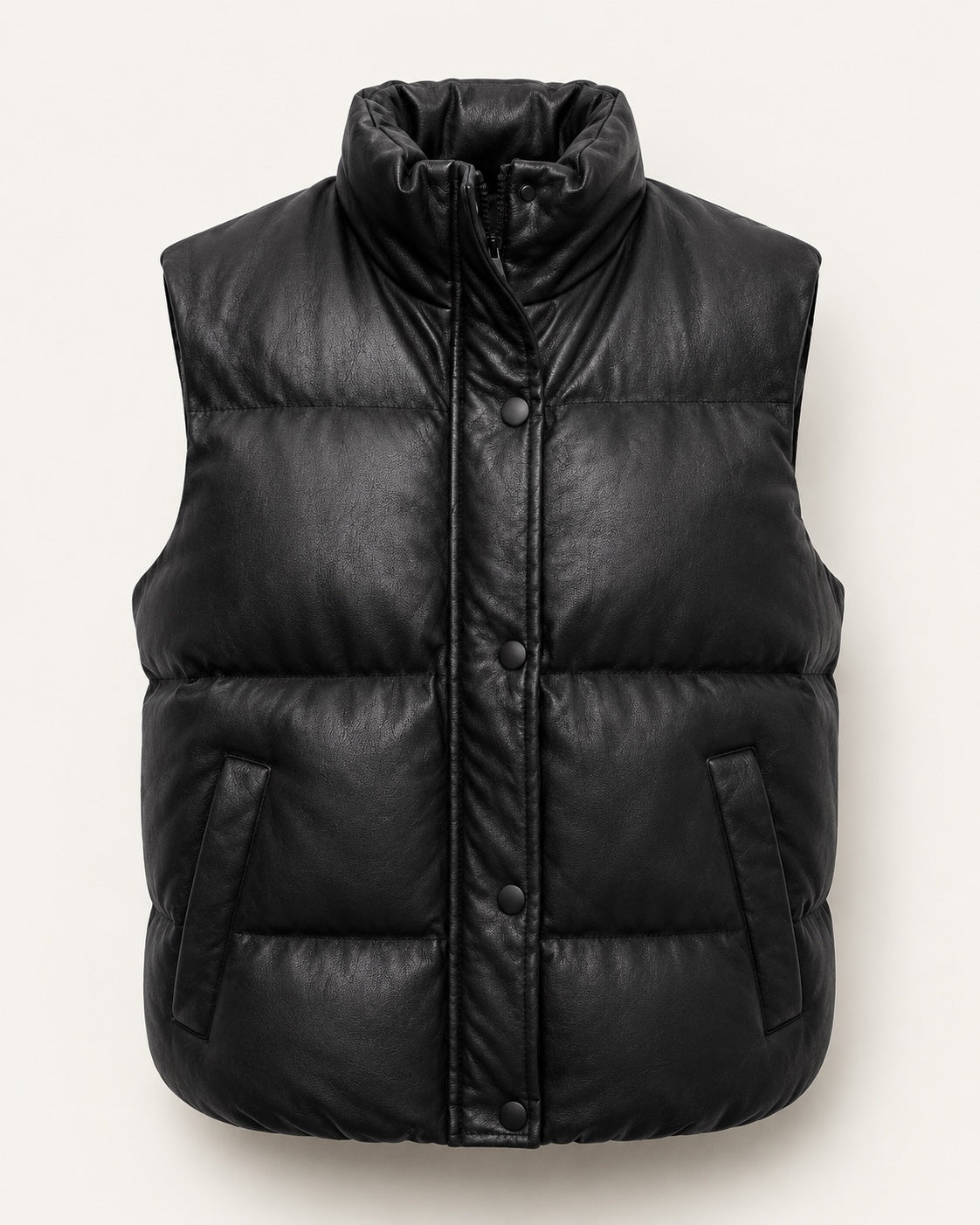 Zwarte gewatteerde lederlook Bodywarmer Luna met hoge kraag