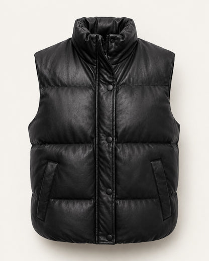 Zwarte gewatteerde lederlook Bodywarmer Luna met hoge kraag