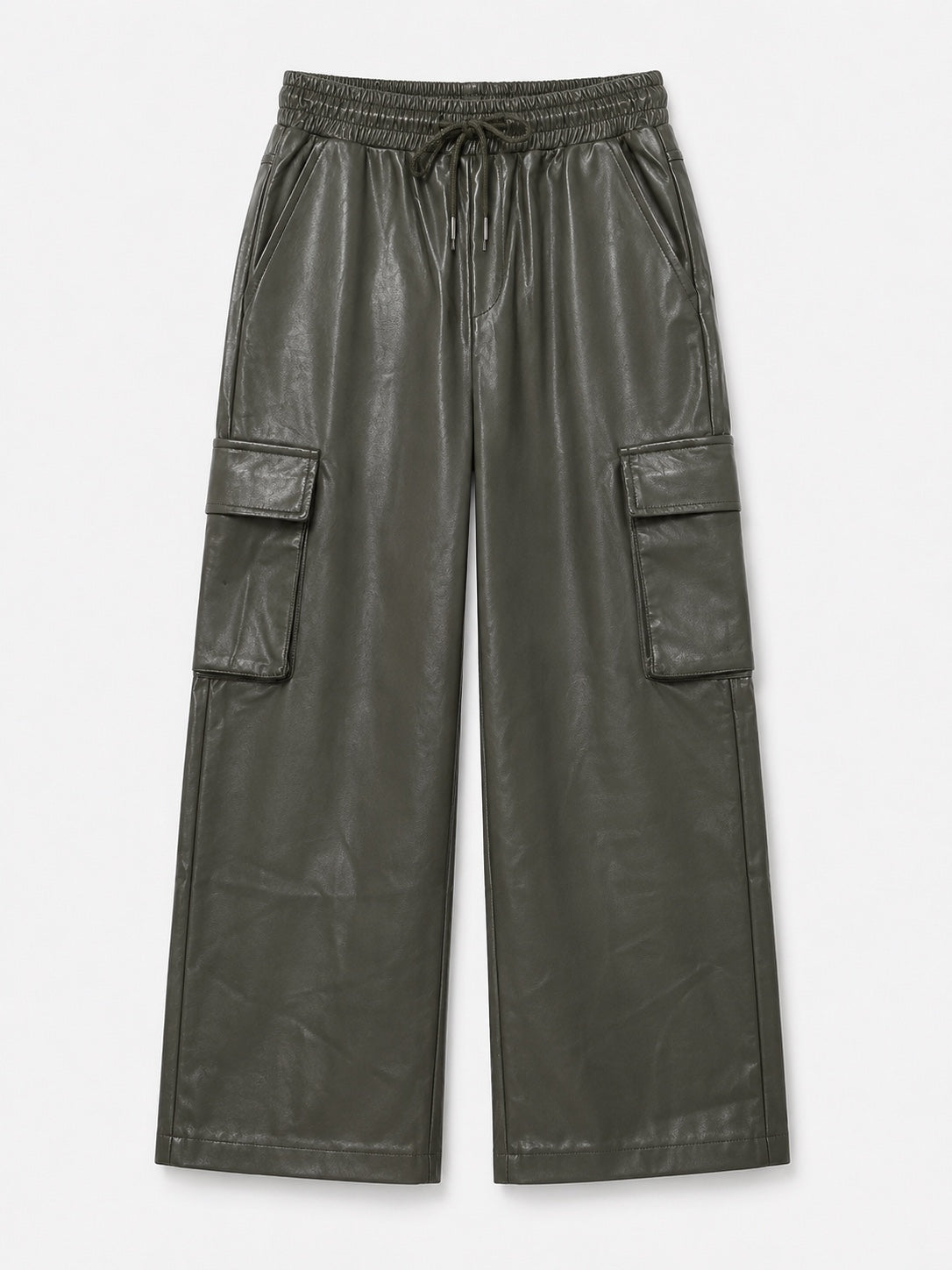 Olijfgroene PU-lederen Cargo Broek Amara met elastische taille en cargozakken