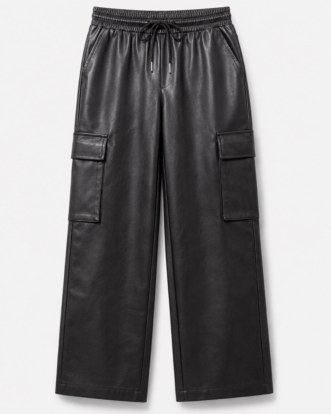Zwarte PU-lederen Cargo Broek Amara met elastische taille en cargozakken