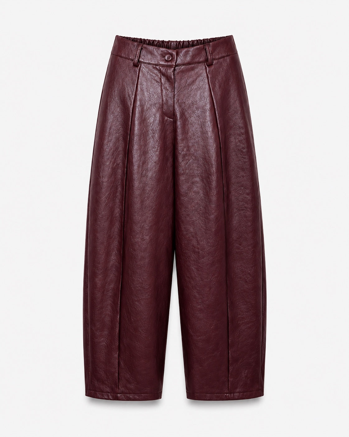Bordeaux balloon lederlook broek met plooien, steekzakken en elastische taille achter