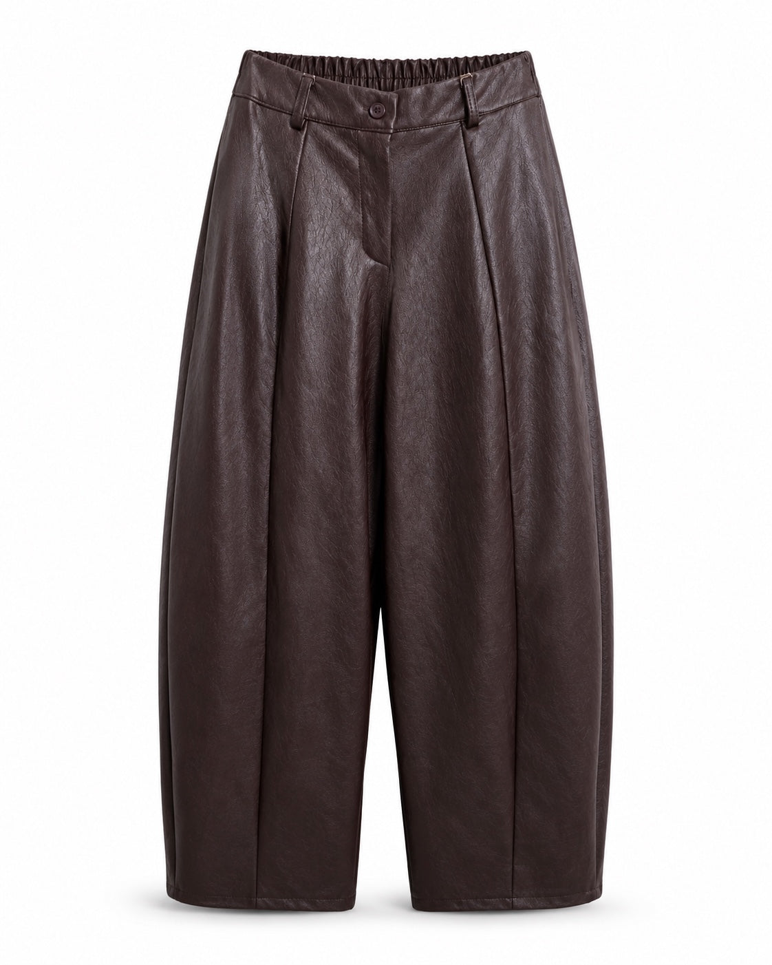 Chocobruine balloon lederlook broek met plooien, steekzakken en elastische taille achter