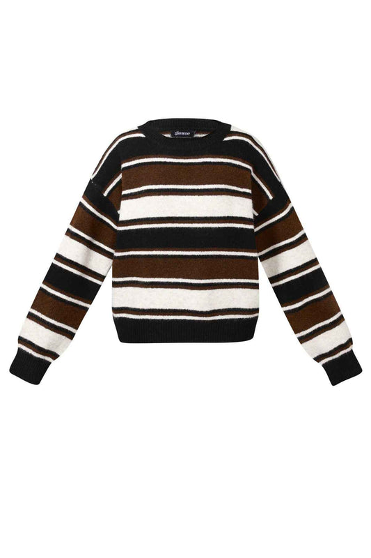Stylish Khaki, Pink & Dark Brown Striped Knit Sweater