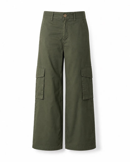 Olijfgroene Cargo Broek Jade van 100 procent katoen met wijde pijpen, productfoto voorzijde