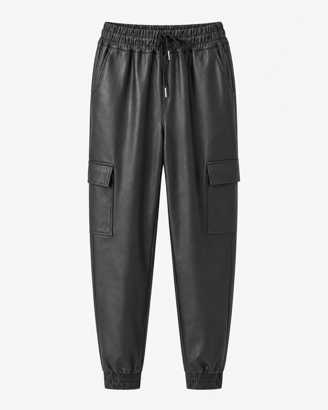 Zwarte lederlook Cargo Broek Nova met aantrekkoord, cargozakken en elastische boorden