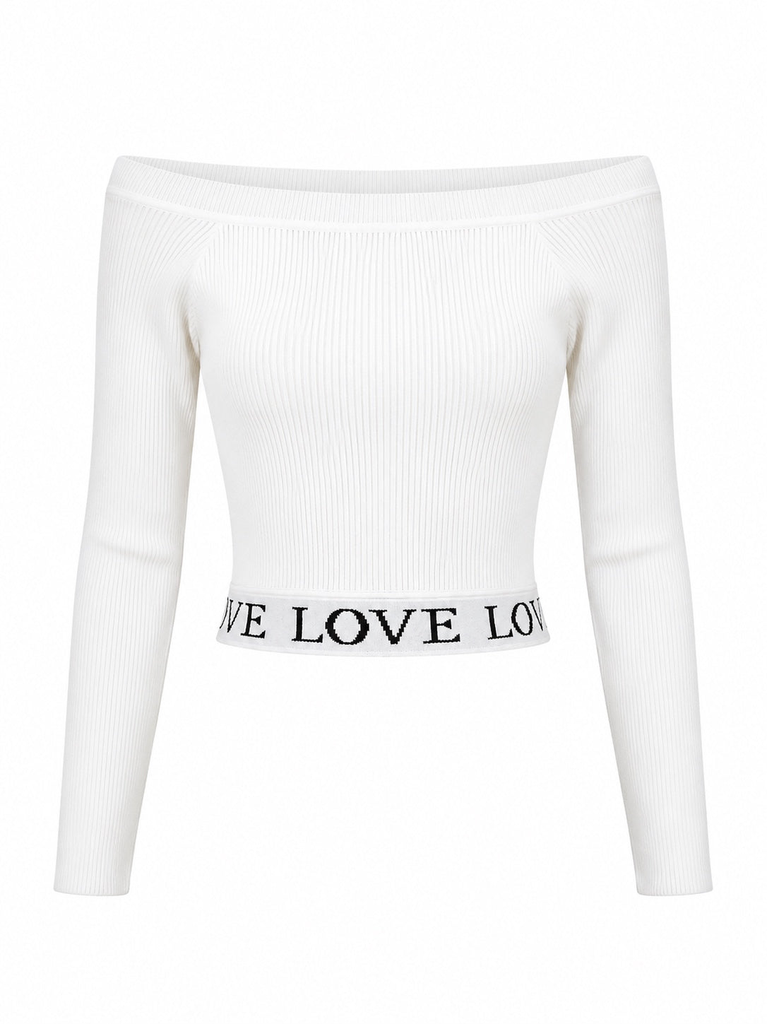 Offwhite geribde Croptop Trui Noa met lange mouwen, boothals en LOVE-tekst