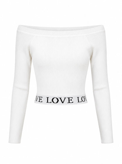 Offwhite geribde Croptop Trui Noa met lange mouwen, boothals en LOVE-tekst