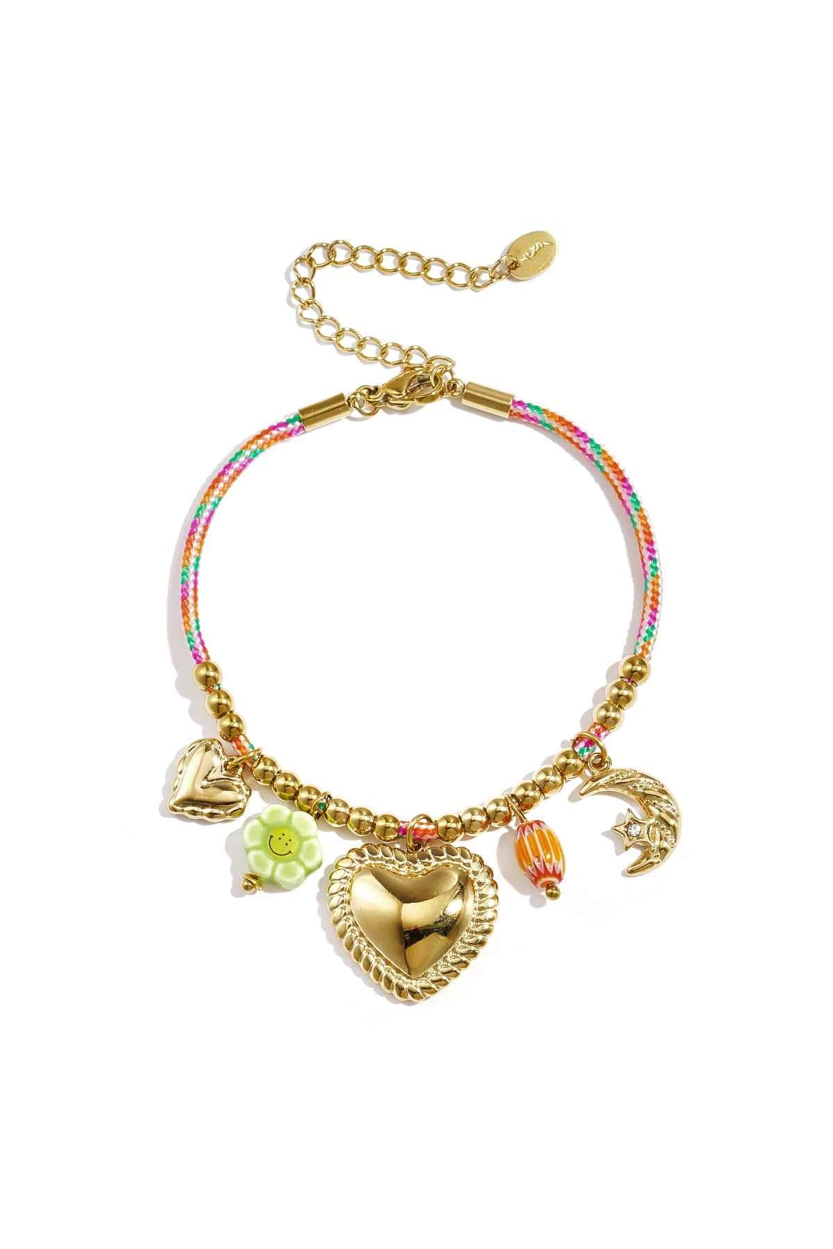 Colorful cord bracelet with various pendants and beads