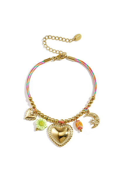 Colorful cord bracelet with various pendants and beads