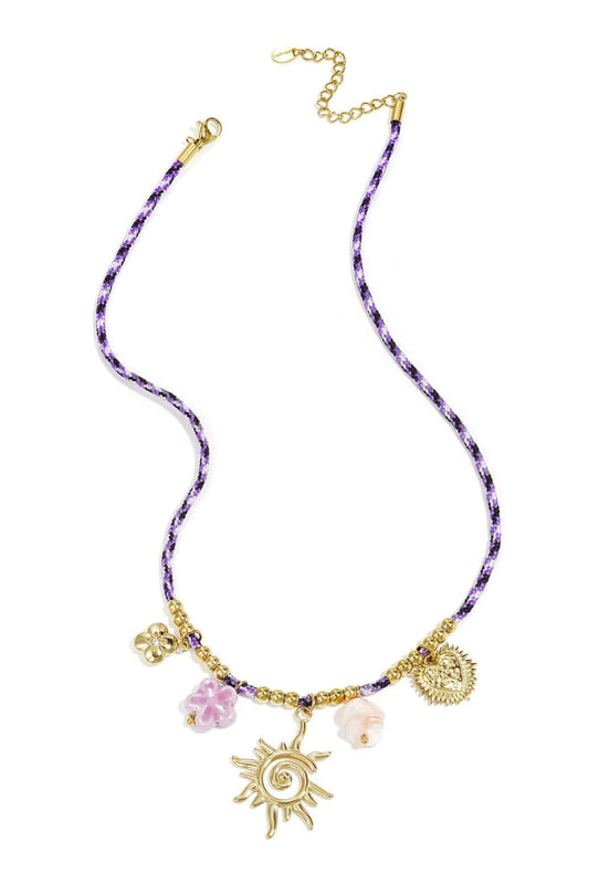 Colorful cord necklace with varying pendants purple