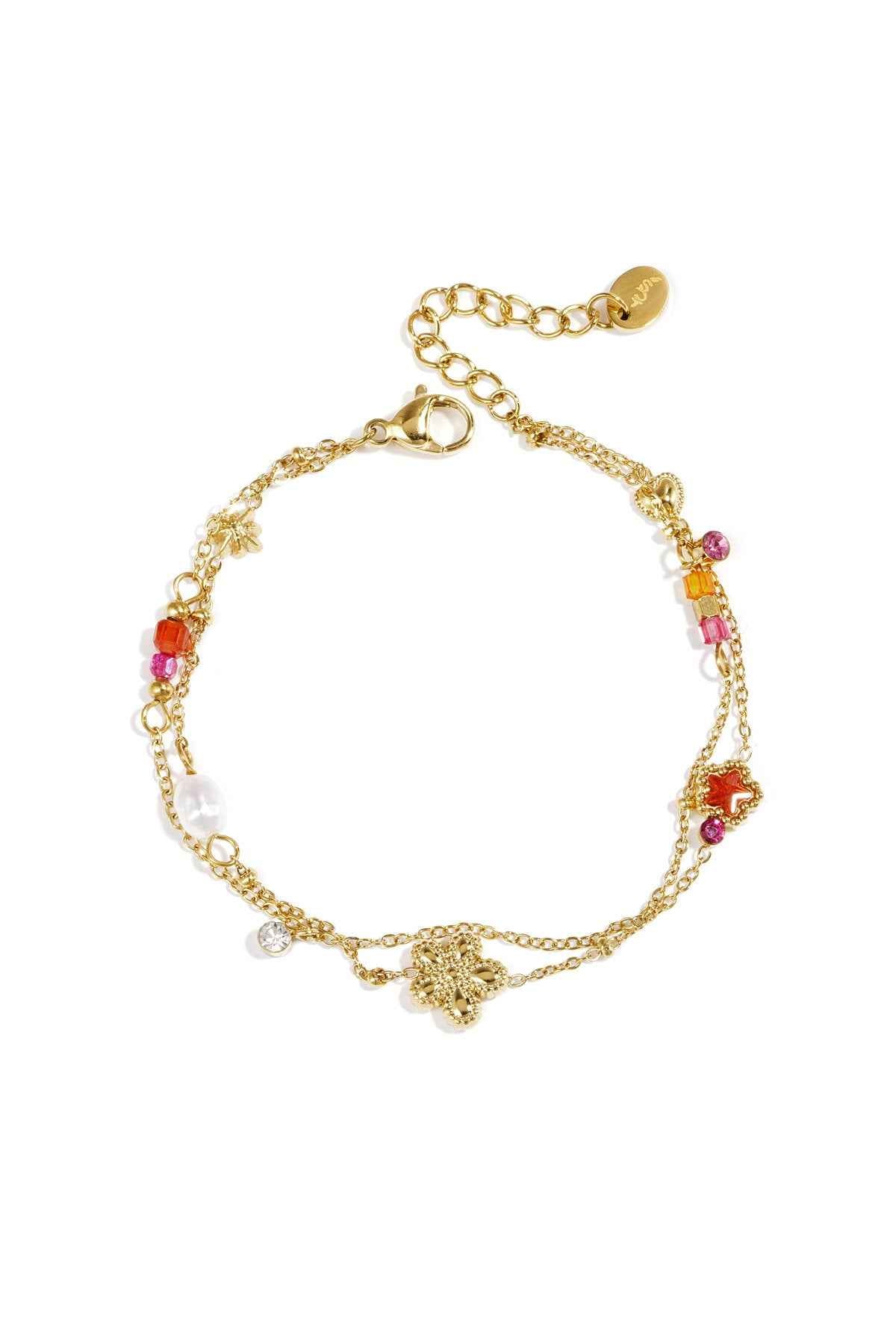 Bedelarmband met ster en bloemcharms, parels, steentjes en kraaltjes