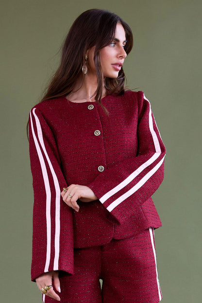 Elegant Plaid Wine Red & Black Jacket for Fall/Winter