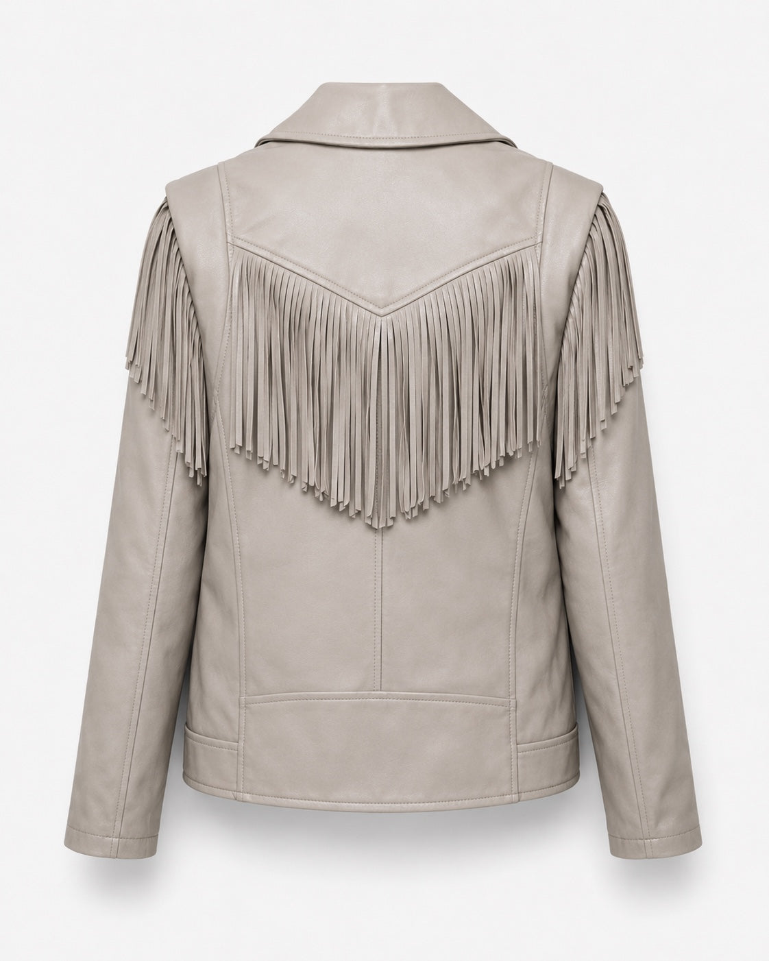 Achterzijde beige lederlook Jacket Willow met lange franjes over rug en schouders