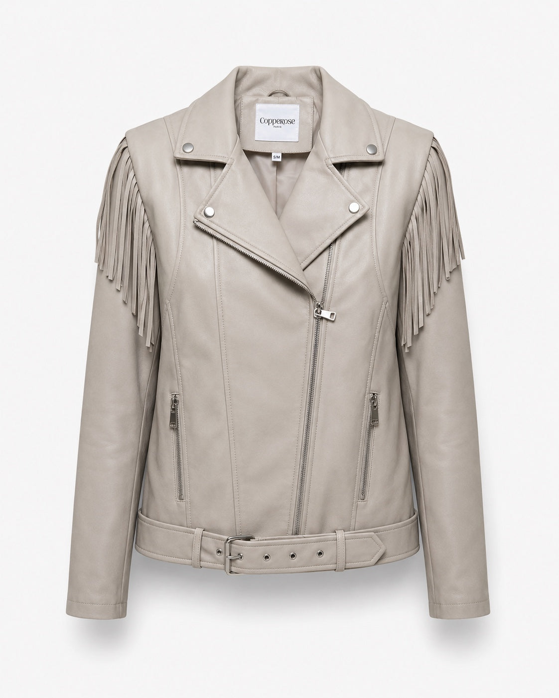 Beige lederlook Jacket Willow van Copperose met bikerdetails, riem en franjes