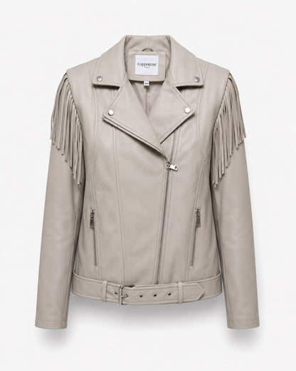 Beige lederlook Jacket Willow van Copperose met bikerdetails, riem en franjes