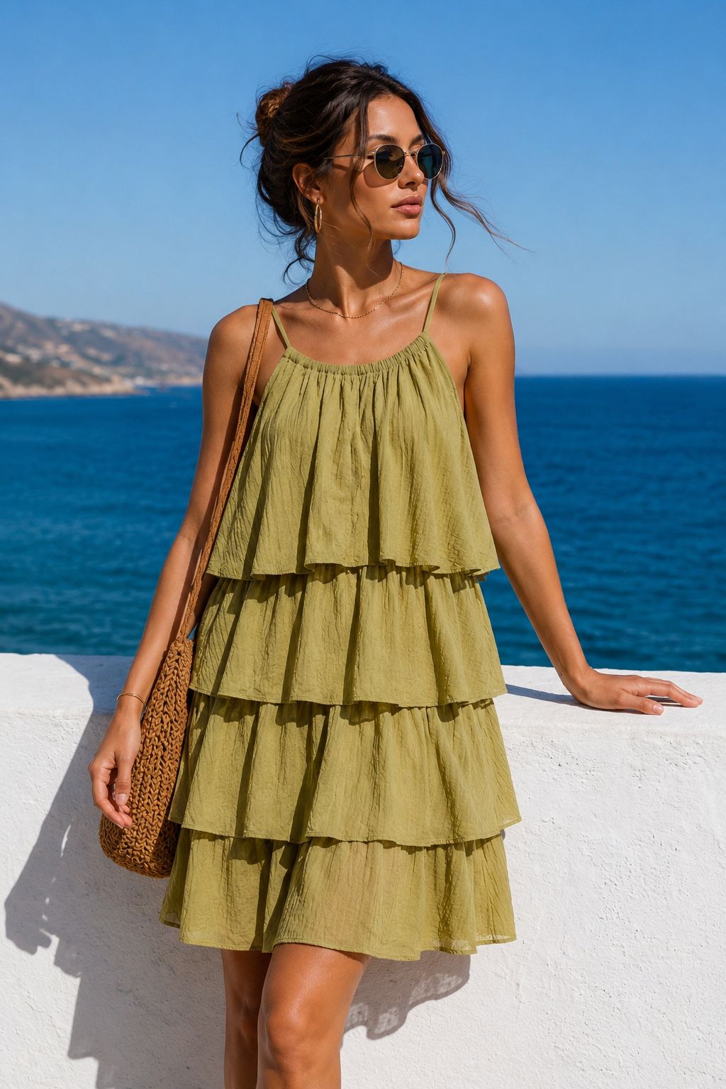 Jurk Sienna in pistache met luchtige laagjes en zomerse pasvorm