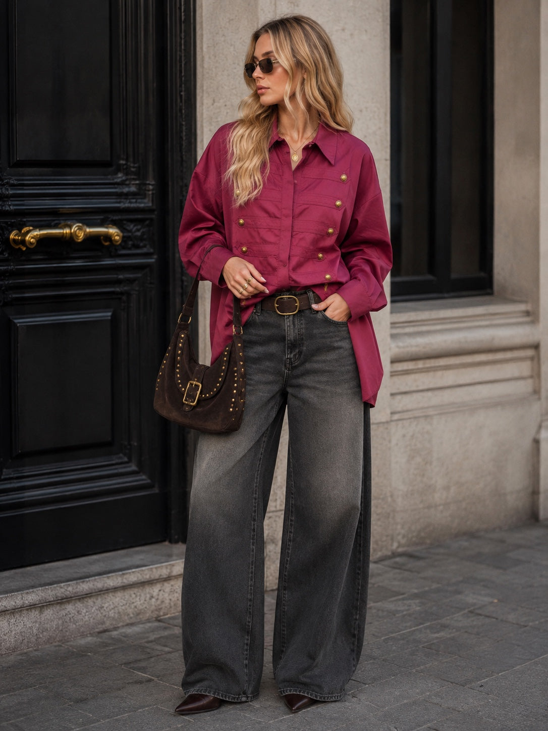 Oversized kolonelsblouse Vivienne in fuchsia met goudkleurige knopen