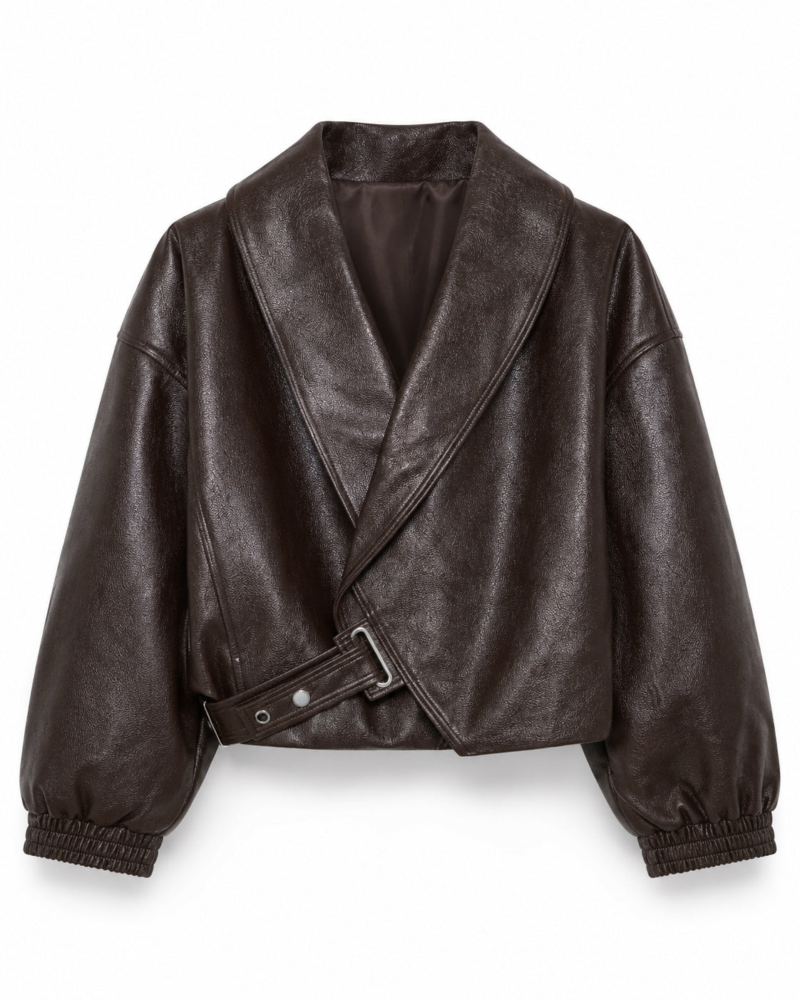 Chocobruin lederlook dames jacket met ceintuur en elastische mouwboorden
