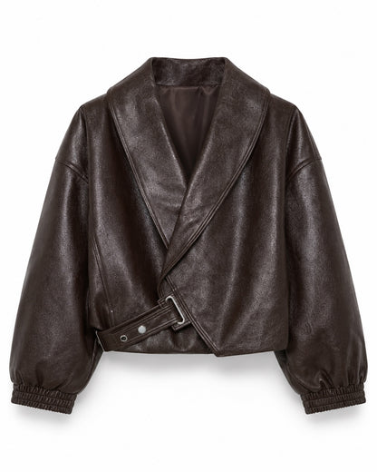 Chocobruin lederlook dames jacket met ceintuur en elastische mouwboorden