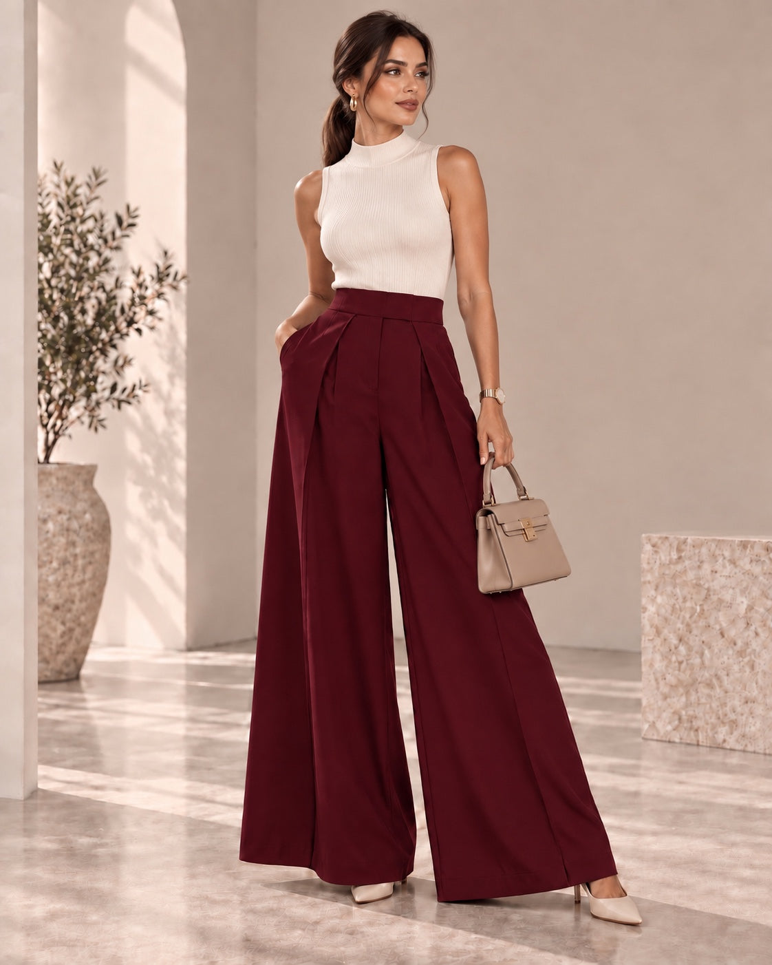 Pantalon Elara bordeaux op model