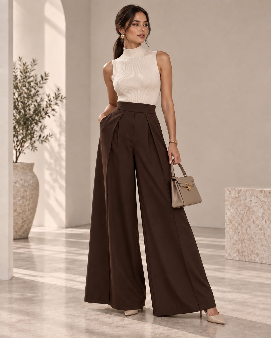 Pantalon Elara chocobruin op model