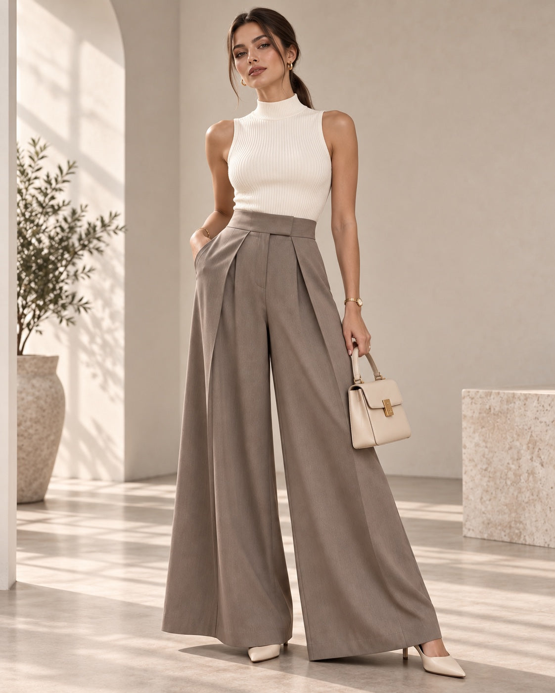 Pantalon Elara taupe op model