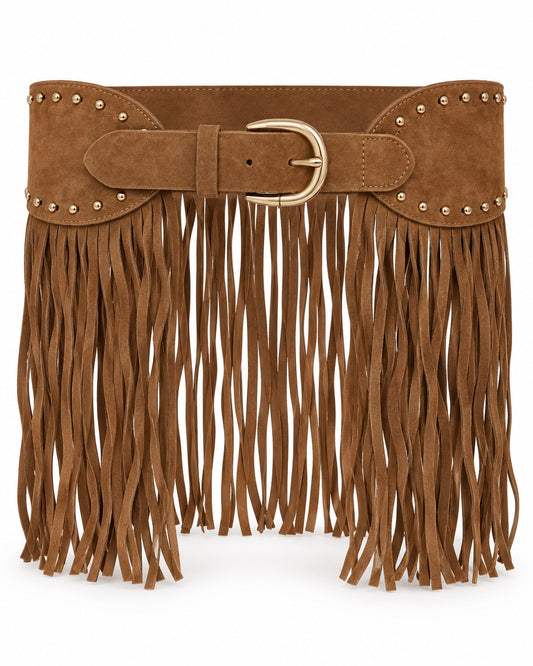Camelkleurige Riem Calista van 95 cm met lange franjes en goudkleurige studs
