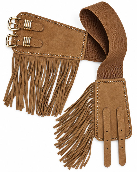Camelkleurige elastische Riem Xenia van 75 cm met dubbele gesp, studs en franjes