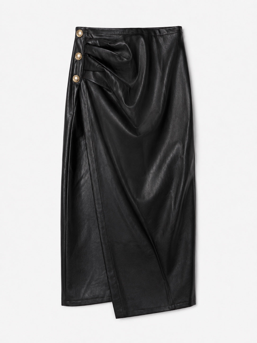 Zwarte lederlook Rok Celeste met drapering, zijsplit en goudkleurige knoopdetails