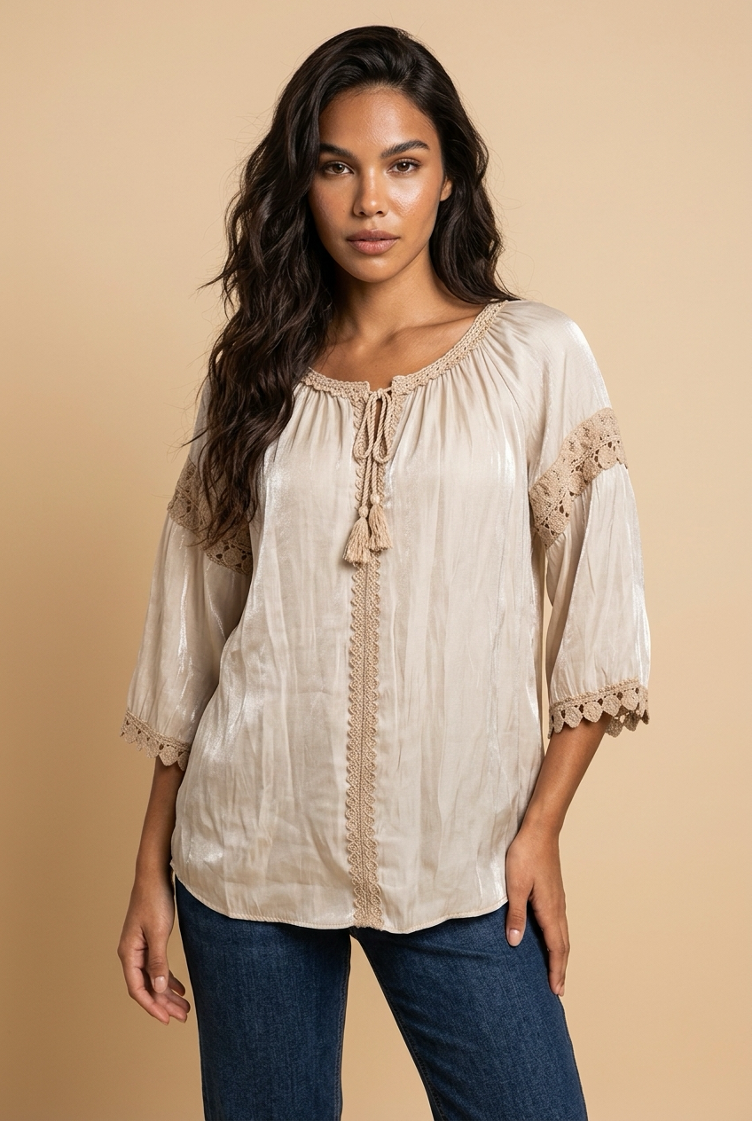 satijn top dames, top met kantdetail, beige